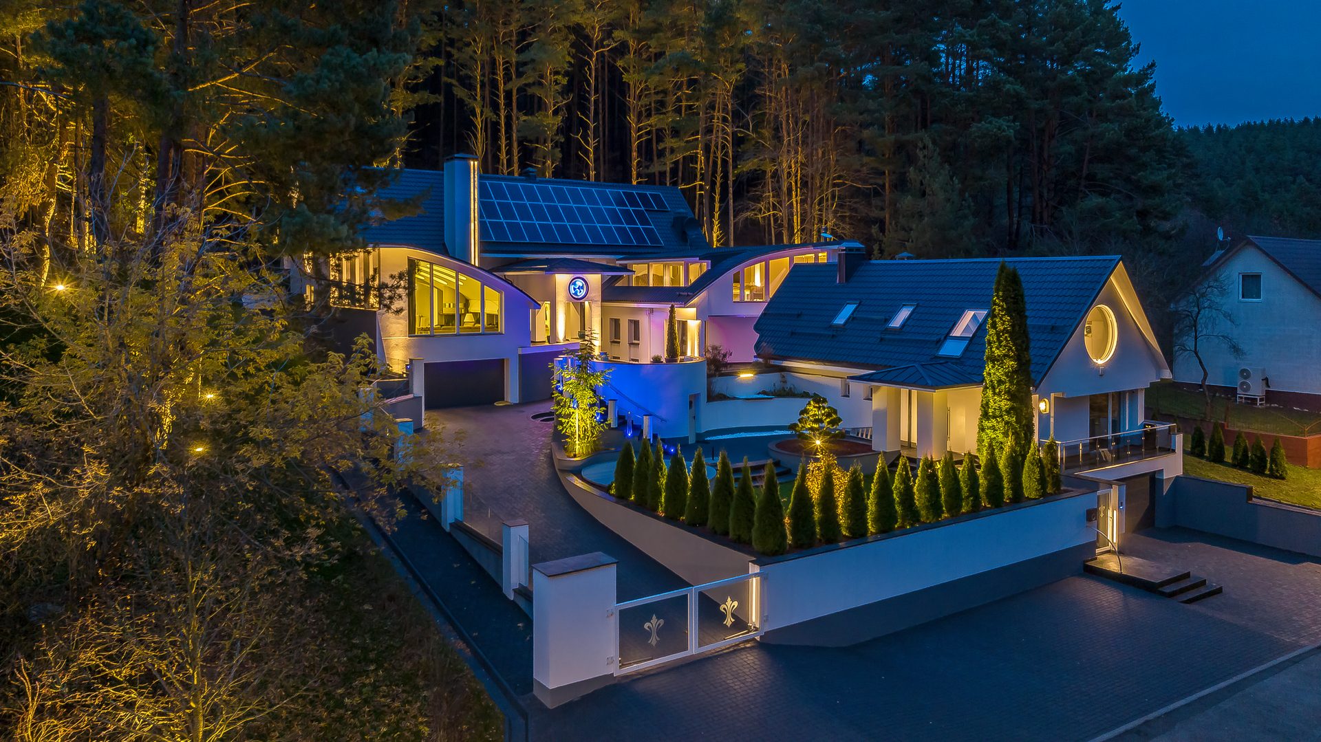 Villa Triskelion at twilight, aerial view